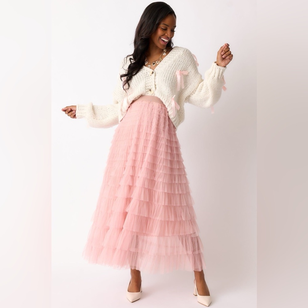NWT APRCOT Stunning layered Tulle Midi Skirt sz Small Stone colour ruffles lined - Picture 3 of 16